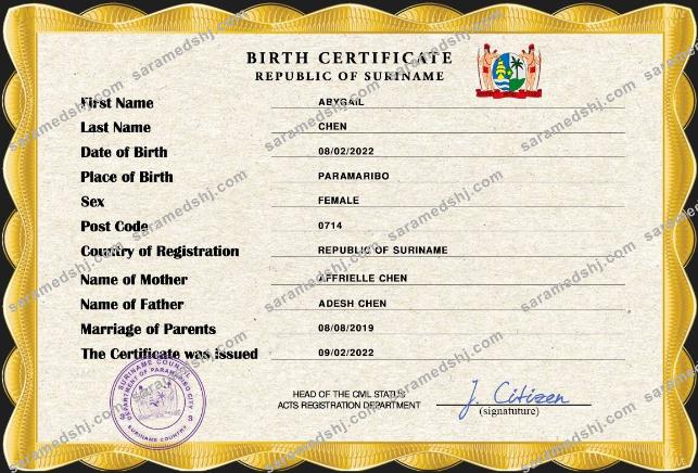 Suriname birth certificate PSD template